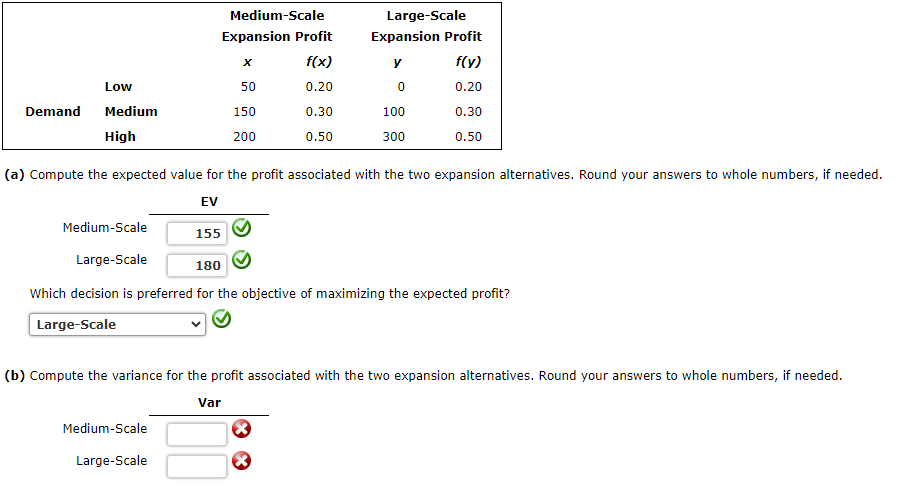 ### Decision Analysis for Expansion Alternatives

---

**Demand and Profit Table:**

The table below provides the profits for medium-scale and large-scale expansion alternatives across different levels of demand:

| Demand | Medium-Scale Expansion Profit (`x`) | Probability (`f(x)`) | Large-Scale Expansion Profit (`y`) | Probability (`f(y)`) |
|--------|-------------------------------------|-----------------------|------------------------------------|-----------------------|
| Low    | 50                                  | 0.20                  | 0                                  | 0.20                  |
| Medium | 150                                 | 0.30                  | 100                                | 0.30                  |
| High   | 200                                 | 0.50                  | 300                                | 0.50                  |

---

**Expected Value Calculation (a):**

**Step (a):** Compute the expected value for the profit associated with the two expansion alternatives. Round your answers to whole numbers if needed.

#### Expected Value (EV)

- Medium-Scale Expansion:
  \[
  EV = (50 \times 0.20) + (150 \times 0.30) + (200 \times 0.50) = 10 + 45 + 100 = 155
  \]

- Large-Scale Expansion:
  \[
  EV = (0 \times 0.20) + (100 \times 0.30) + (300 \times 0.50) = 0 + 30 + 150 = 180
  \]

Based on the calculations:

- **Medium-Scale**: 155
- **Large-Scale**: 180

**Preferred Decision:** Large-Scale

The large-scale expansion is preferred for maximizing the expected profit as it has a higher expected value.

---

**Variance Calculation (b):**

**Step (b):** Compute the variance for the profit associated with the two expansion alternatives. Round your answers to whole numbers if needed.

#### Variance (Var)

- Medium-Scale Expansion:
  \[
  Var = E[X^2] - (E[X])^2
  \]
  Where \( E[X^2] \) is the expected value of the squared profits,
  \[
  E[X^2] = (50^2 \times 0.20) + (150^2 \times 0.30) + (200^2 \times 0.50)