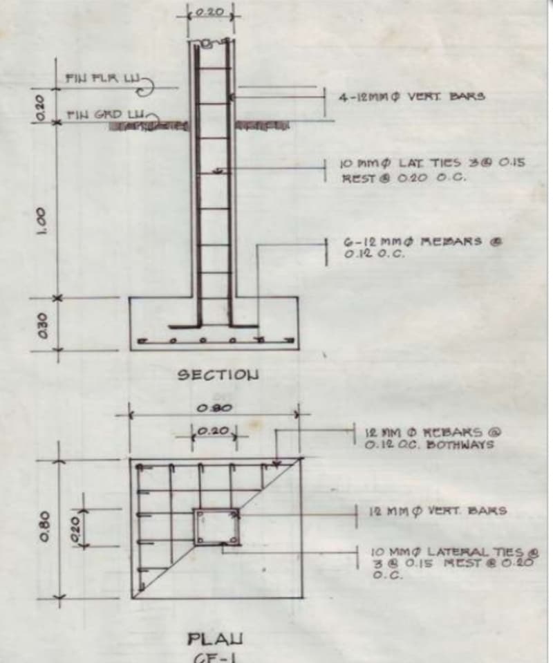 tesof
FIN PLA L
4-12MM VERT. BARS
PIN GRD Lu.
JO mmo LAT TICS 30 O.15
REST O20 0.C.
6-12 Mmo MEBARS
O.12 0.c.
SECTION
080
12 MIM O KCBARS
O.12 ac. BOTHWAYS
toot
12 MMO VERT. BAKS
10 MM LATERAL TIES &
38 0.15 REST & 0.20
O.C.
PLAU
GF-1
tozot
lo.20
001
OEO
0.80
