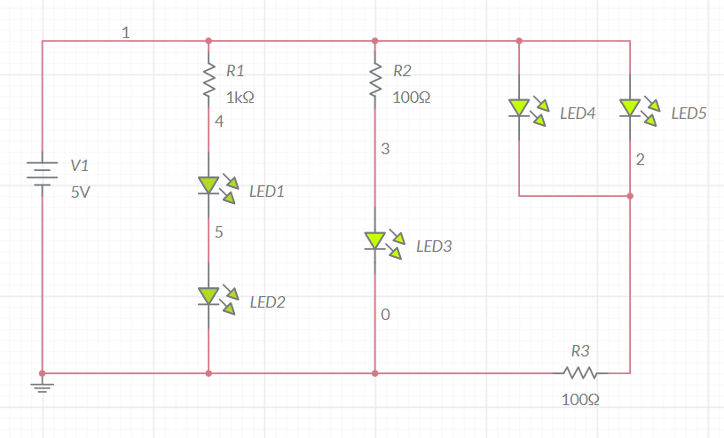 1
R1
R2
1k2
1002
LED4
LED5
4
2
V1
5V
LED1
A LED3
LED2
R3
1002
