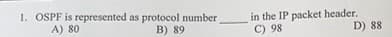 1. OSPF is represented as protocol number
A) 80
B) 89
in the IP packet header.
C) 98
D) 88