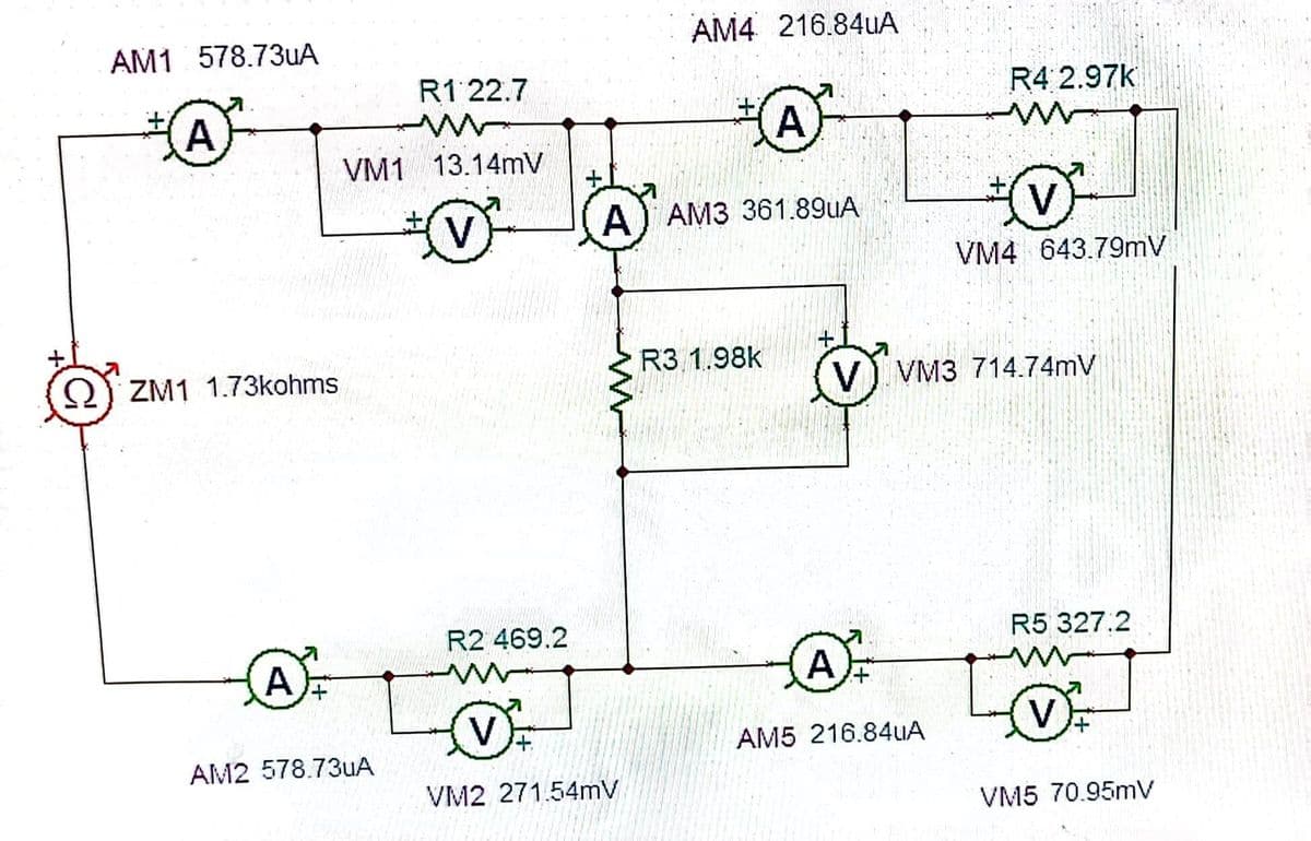 AM1 578.73uA
A
Ω ZM1 1.73kohms
A
R1 22.7
ww
excubit
VM1 13.14mV
B
²
AM2 578.73uA
R2 469.2
V
+
AM4 216.84uA
A
A AM3 361.89uA
VM2 271.54mV
R3 1.98k
A+
R4 2.97K
ww
AM5 216.84uA
VM4 643.79mV
KARHULA
VM3 714.74mV
R5 327.2
V
VM5 70.95mV