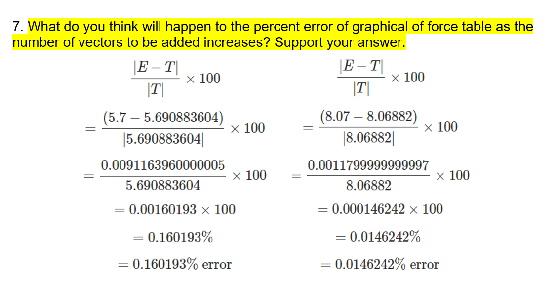 7. What do you think will happen to the percent error of graphical of force table as the
number of vectors to be added increases? Support your answer.
|E |
|E – |
х 100
х 100
|T|
|T|
(8.07 – 8.06882)
|8.06882|
(5.7 – 5.690883604)
х 100
х 100
|5.690883604|
0.0091163960000005
0.0011799999999997
х 100
х 100
5.690883604
8.06882
= 0.00160193 × 100
= 0.000146242 × 100
%3D
= 0.160193%
= 0.0146242%
0.160193% error
= 0.0146242% error
