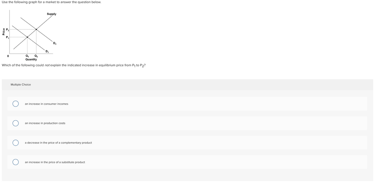 Use the following graph for a market to answer the question below.
Price
P₁
0
Supply
Multiple Choice
D₁
Q₁ Q₂
Quantity
Which of the following could not explain the indicated increase in equilibrium price from P₁ to P2?
D₂
an increase in consumer incomes
an increase in production costs
a decrease in the price of a complementary product
an increase in the price of a substitute product
