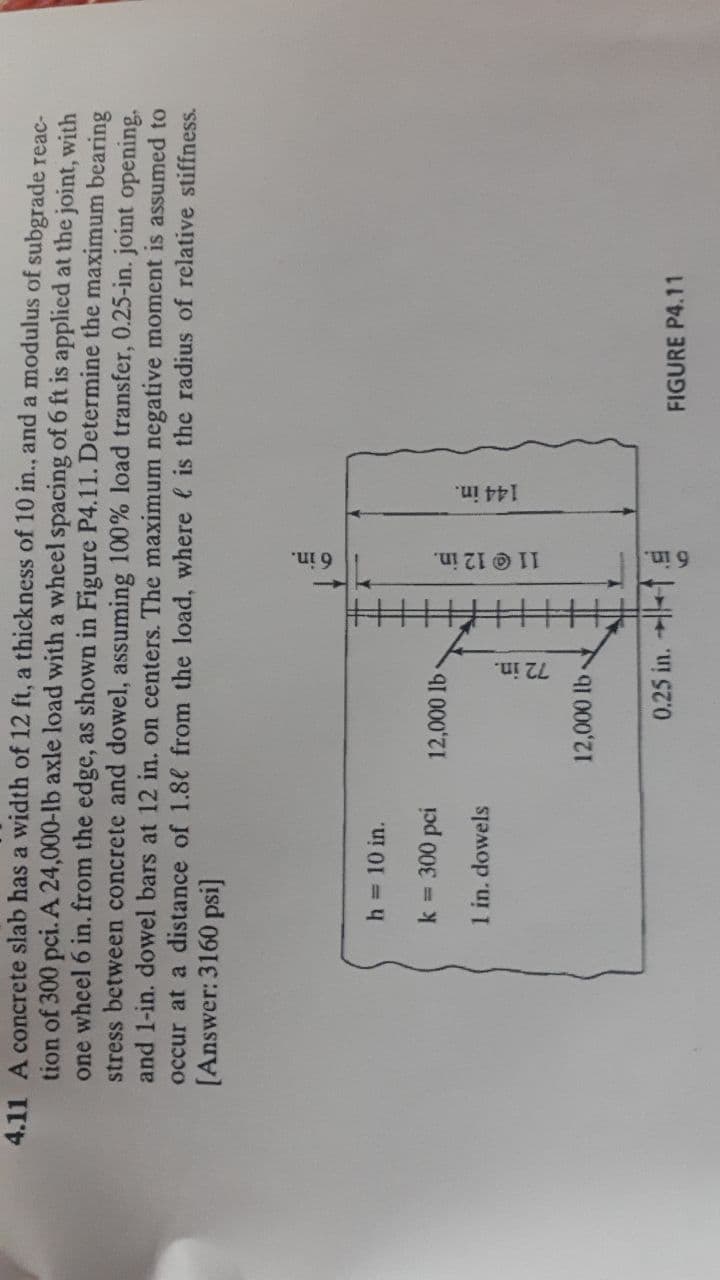 72 in.
144 in.
11 @12 in.
6 in.
4.11 A concrete slab has a width of 12 ft, a thickness of 10 in., and a modulus of subgrade reac-
tion of 300 pci. A 24,000-lb axle load with a wheel spacing of 6 ft is applied at the joint, with
one wheel 6 in, from the edge, as shown in Figure P4.11. Determine the maximum bearing
stress between concrete and dowel, assuming 100% load transfer, 0.25-in. joint opening,
and 1-in. dowel bars at 12 in. on centers. The maximum negative moment is assumed to
occur at a distance of 1.8e from the load, where l is the radius of relative stiffness.
[Answer: 3160 psi]
h 10 in.
k = 300 pci
1 in. dowels
0.25 in.
FIGURE P4.11
