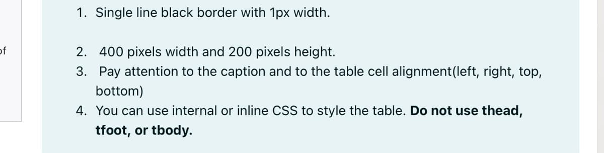 1. Single line black border with 1px width.
of
2. 400 pixels width and 200 pixels height.
3. Pay attention to the caption and to the table cell alignment(left, right, top,
bottom)
4. You can use internal or inline CSS to style the table. Do not use thead,
tfoot, or tbody.
