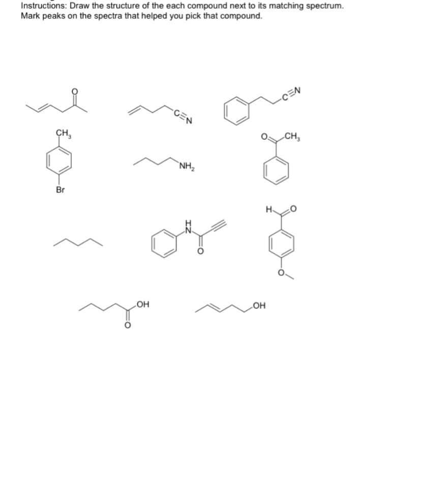 Instructions: Draw the structure of the each compound next to its matching spectrum.
Mark peaks on the spectra that helped you pick that compound.
CEN
CH,
CH,
`NH,
Br
H.
он
LOH
