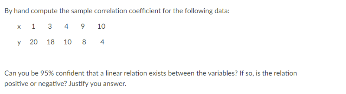 By hand compute the sample correlation coefficient for the following data:
4
9.
10
y
20
18
10
8
4
Can you be 95% confident that a linear relation exists between the variables? If so, is the relation
positive or negative? Justify you answer.
