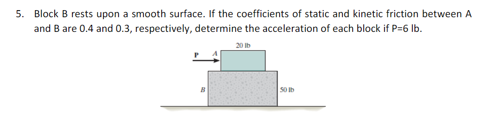 5. Block B rests upon a smooth surface. If the coefficients of static and kinetic friction between A
and B are 0.4 and 0.3, respectively, determine the acceleration of each block if P=6 lb.
20 Ib
50 Ib
