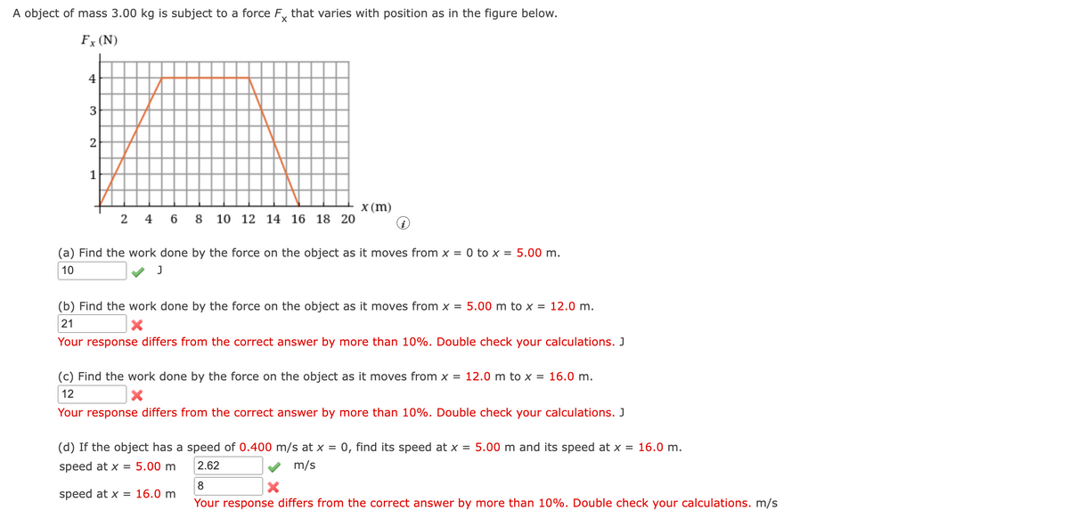 A object of mass 3.00 kg is subject to a force Fx that varies with position as in the figure below.
Fx (N)
4
3
2
1
2 4 6 8 10 12 14 16 18 20
x (m)
(a) Find the work done by the force on the object as it moves from x = 0 to x = 5.00 m.
10
J
(b) Find the work done by the force on the object as it moves from x = 5.00 m to x = 12.0 m.
21
Your response differs from the correct answer by more than 10%. Double check your calculations. J
(c) Find the work done by the force on the object as it moves from x = 12.0 m to x = 16.0 m.
12
X
Your response differs from the correct answer by more than 10%. Double check your calculations. J
(d) If the object has a speed of 0.400 m/s at x = 0, find its speed at x = 5.00 m and its speed at x = 16.0 m.
speed at x = 5.00 m 2.62
m/s
speed at x = 16.0 m
8
X
Your response differs from the correct answer by more than 10%. Double check your calculations. m/s