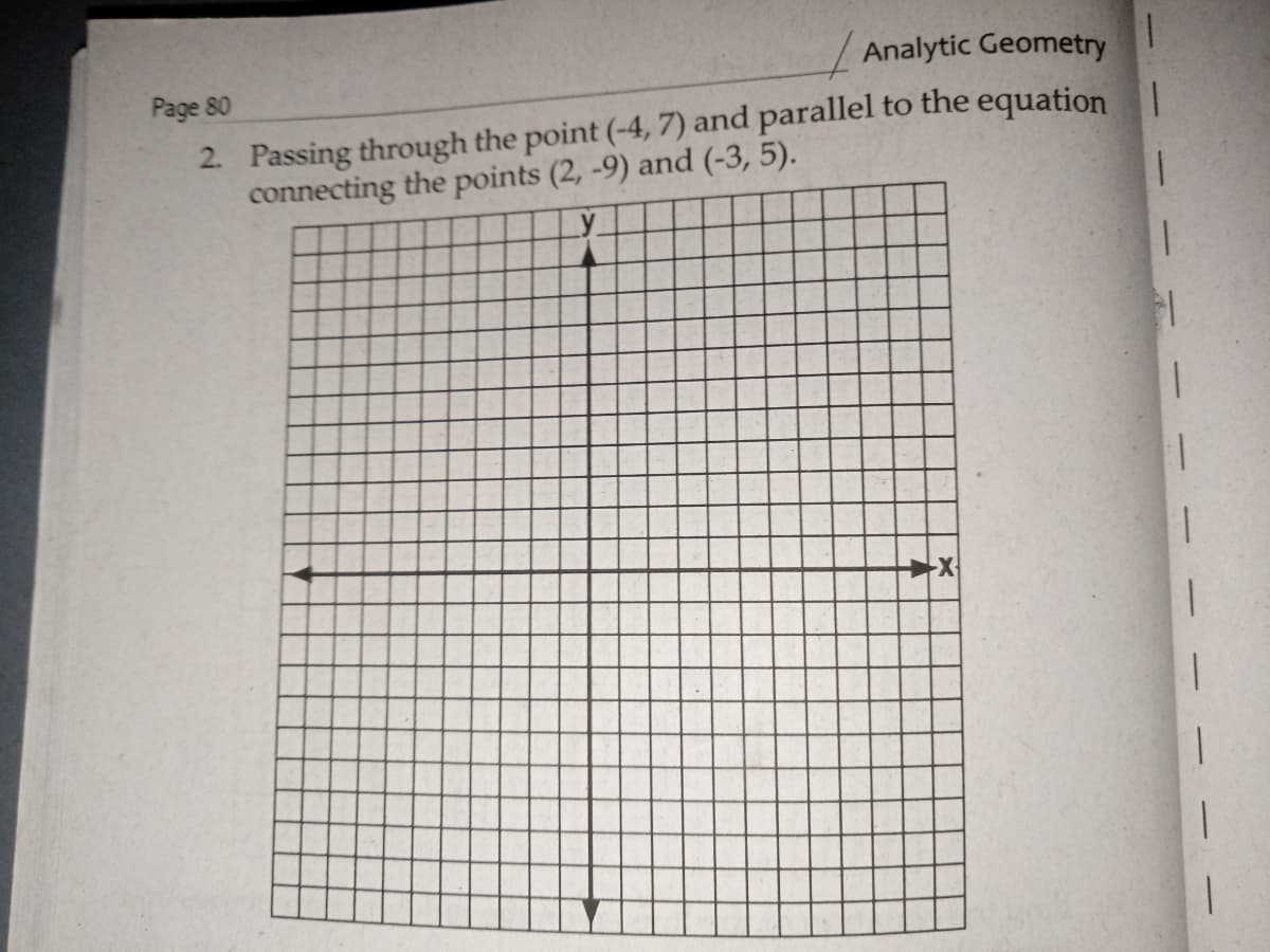 Analytic Geometry
1.
Page 80
2. Passing through the point (-4, 7) and parallel to the equation I
connecting the points (2, -9) and (-3, 5).
