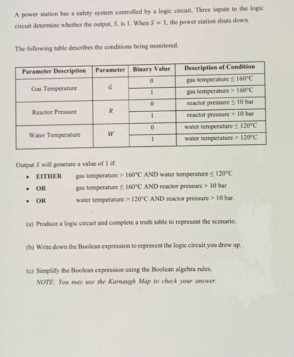 A power station has a safety system controlled by a logic circuit. Three inputs to the logic
circuit determine whether the output, S, is 1. When S= 1, the power station shuts down.
The following table describes the conditions being monitored.
Parameter Description Parameter Binary Value
Gas Temperature
Reactor Pressure
Water Temperature
G
.
R
W
Output S will generate a value of 1 if:
● EITHER
• OR
OR
0
1
0
1
0
Description of Condition
gas temperature ≤ 160°C
gas temperature > 160°C
reactor pressure ≤ 10 bar
reactor pressure > 10 bar
water temperature ≤ 120°C
water temperature > 120°C
gas temperature > 160°C AND water temperature ≤ 120°C
gas temperature ≤ 160°C AND reactor pressure > 10 bar
water temperature > 120°C AND reactor pressure > 10 bar.
(a) Produce a logic circuit and complete a truth table to represent the scenario.
(b) Write down the Boolean expression to represent the logic circuit you drew up.
(c) Simplify the Boolean expression using the Boolean algebra rules.
NOTE: You may use the Karnaugh Map to check your answer.