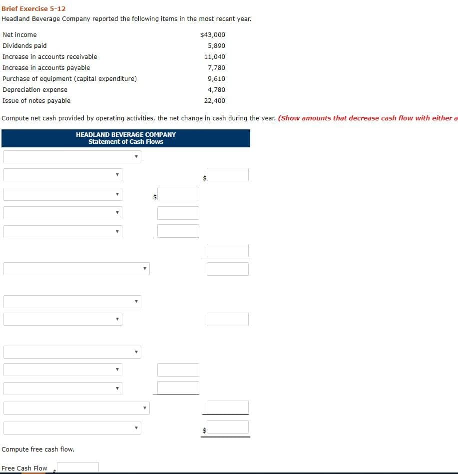 Brief Exercise 5-12
Headland Beverage Company reported the following items in the most recent year.
Net income
Dividends paid
Increase in accounts receivable
Increase in accounts payable
Purchase of equipment (capital expenditure)
Depreciation expense
Issue of notes payable
Compute net cash provided by operating activities, the net change in cash during the year. (Show amounts that decrease cash flow with either a
HEADLAND BEVERAGE COMPANY
Statement of Cash Flows
Compute free cash flow.
Free Cash Flow
$43,000
5,890
11,040
7,780
9,610
4,780
22,400
69
(A