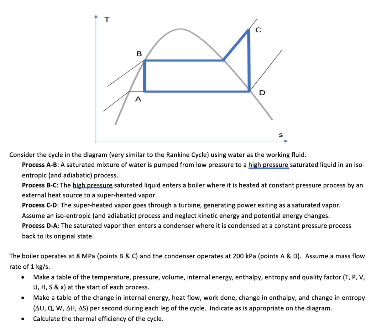 T
B
A
D
Consider the cycle in the diagram (very similar to the Rankine Cycle) using water as the working fluid.
Process A-B: A saturated mixture of water is pumped from low pressure to a high pressure saturated liquid in an iso-
entropic (and adiabatic) process.
Process B-C: The high pressure saturated liquid enters a boiler where it is heated at constant pressure process by an
external heat source to a super-heated vapor.
Process C-D: The super-heated vapor goes through a turbine, generating power exiting as a saturated vapor.
Assume an iso-entropic (and adiabatic) process and neglect kinetic energy and potential energy changes.
Process D-A: The saturated vapor then enters a condenser where it is condensed at a constant pressure process
back to its original state.
The boiler operates at 8 MPa (points B & C) and the condenser operates at 200 kPa (points A & D). Assume a mass flow
rate of 1 kg/s.
Make a table of the temperature, pressure, volume, internal energy, enthalpy, entropy and quality factor (T, P, V,
U, H, S & x) at the start of each process.
Make a table of the change in internal energy, heat flow, work done, change in enthalpy, and change in entropy
(AU, Q, W, AH, AS) per second during each leg of the cycle. Indicate as is appropriate on the diagram.
Calculate the thermal efficiency of the cycle.