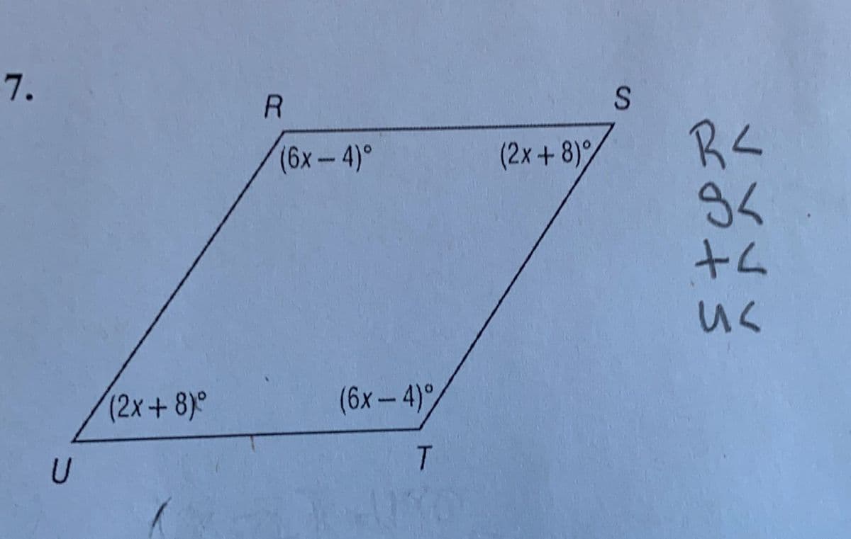 7.
R.
R4
3く
(6x-4)°
(2x+8)%
us
(2x+8)°
(6x - 4)°,
T
SI
