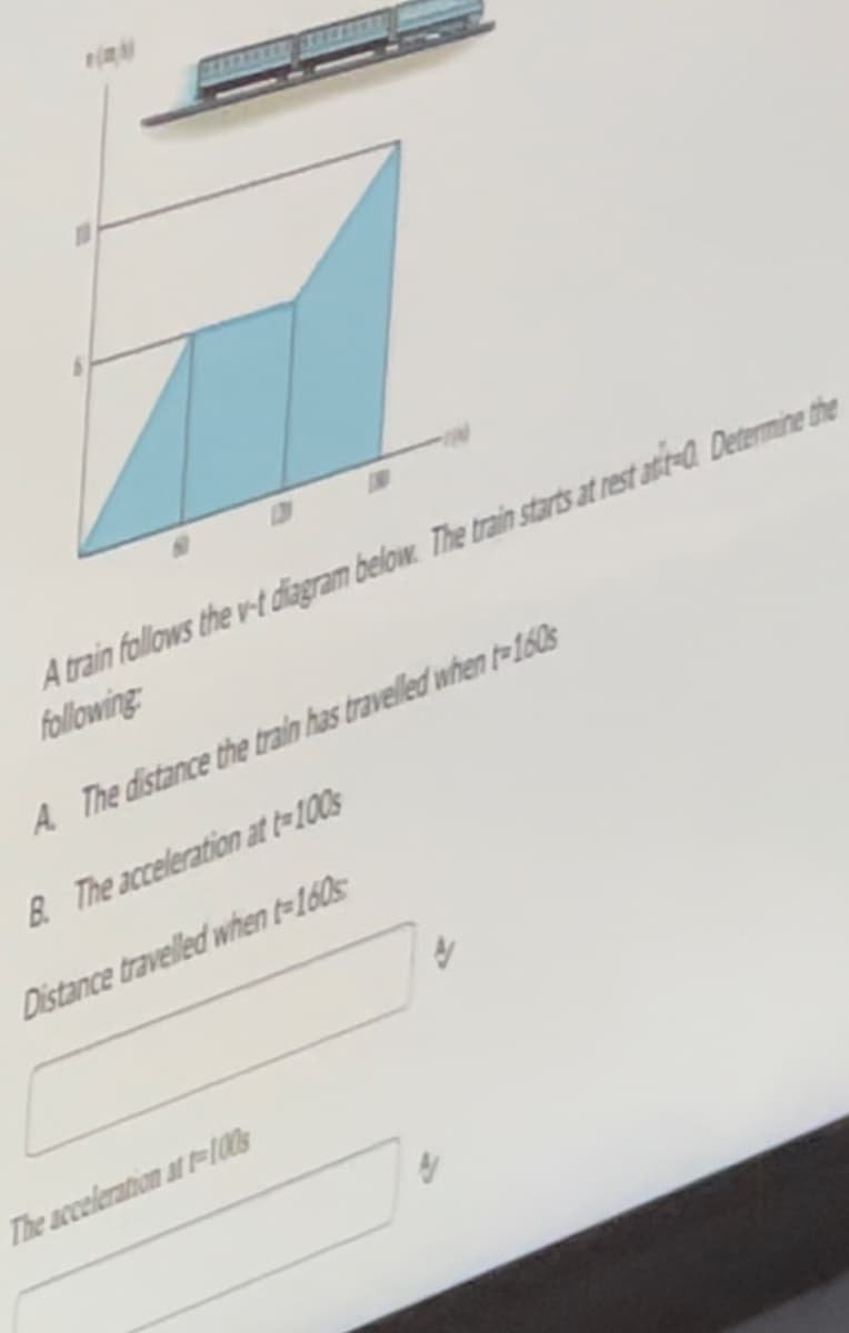 A train follows the v-t diagram below. The train starts at rest atit-o. Determine the
following:
A. The distance the train has travelled when t-160s
B. The acceleration at t-100s
Distance travelled when t-160s
The acceleration at 1-1008