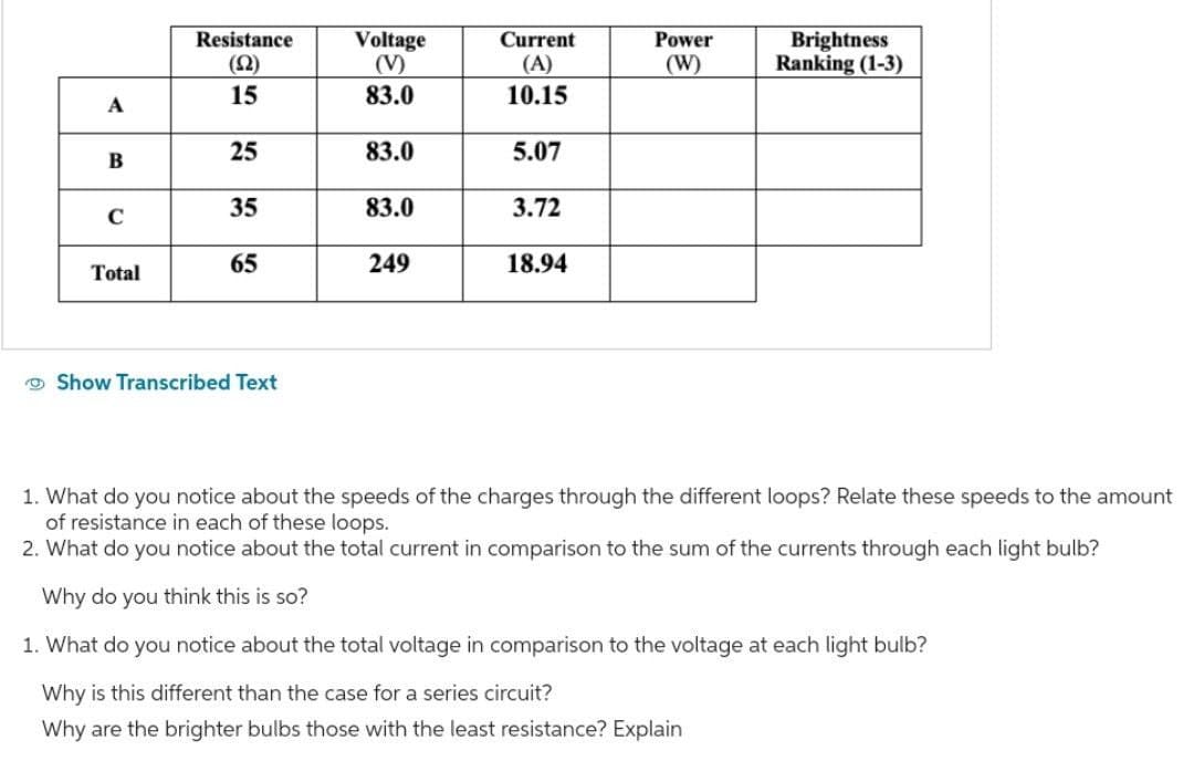 Resistance
Voltage
Current
Power
(Ω)
(V)
(A)
(W)
Brightness
Ranking (1-3)
15
83.0
10.15
A
25
83.0
5.07
B
35
83.0
3.72
с
65
249
18.94
Total
Show Transcribed Text
1. What do you notice about the speeds of the charges through the different loops? Relate these speeds to the amount
of resistance in each of these loops.
2. What do you notice about the total current in comparison to the sum of the currents through each light bulb?
Why do you think this is so?
1. What do you notice about the total voltage in comparison to the voltage at each light bulb?
Why is this different than the case for a series circuit?
Why are the brighter bulbs those with the least resistance? Explain