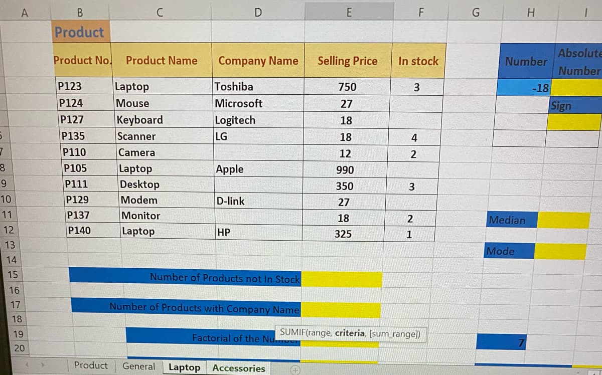 B.
C
F
G
Product
Absolute
Product No.
Product Name
Company Name
Selling Price
In stock
Number
Number
Toshiba
Microsoft
P123
Laptop
750
-18
P124
Mouse
27
Sign
Keyboard
Scanner
P127
Logitech
18
P135
LG
18
4
P110
Camera
12
Laptop
Desktop
P105
Apple
990
P111
350
3
10
P129
Modem
D-link
27
11
P137
Monitor
18
Median
12
P140
Laptop
HP
325
1
13
Mode
14
15
Number of Products not In Stock
16
17
Number of Products with Company Name
18
19
SUMIF(range, criteria, [sum_range])
Factorial of the Nu
20
Product
General
Laptop Accessories
