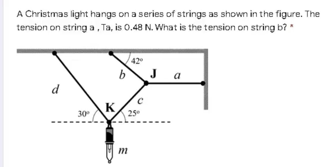 A Christmas light hangs on a series of strings as shown in the figure. The
tension on string a, Ta, is 0.48 N. What is the tension on string b? *
42°
b
J a
d
K
25°
30°
m
