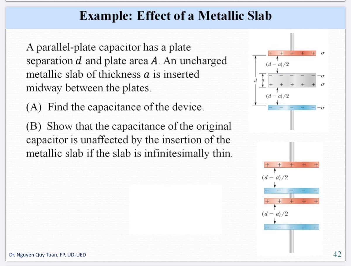 A parallel-plate capacitor has a plate
separation d and plate area A. An uncharged
(d - а)/2
metallic slab of thickness a is inserted
midway between the plates.
(d - a)/2
(A) Find the capacitance of the device.
(B) Show that the capacitance of the original
capacitor is unaffected by the insertion of the
metallic slab if the slab is infinitesimally thin.
(d - а)/2
(d - a)/2
