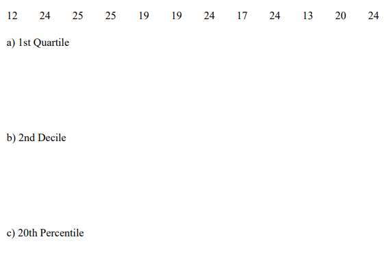 12
24
25
25
19 19 24
17 24 13 20
24
a) 1st Quartile
b) 2nd Decile
c) 20th Percentile
