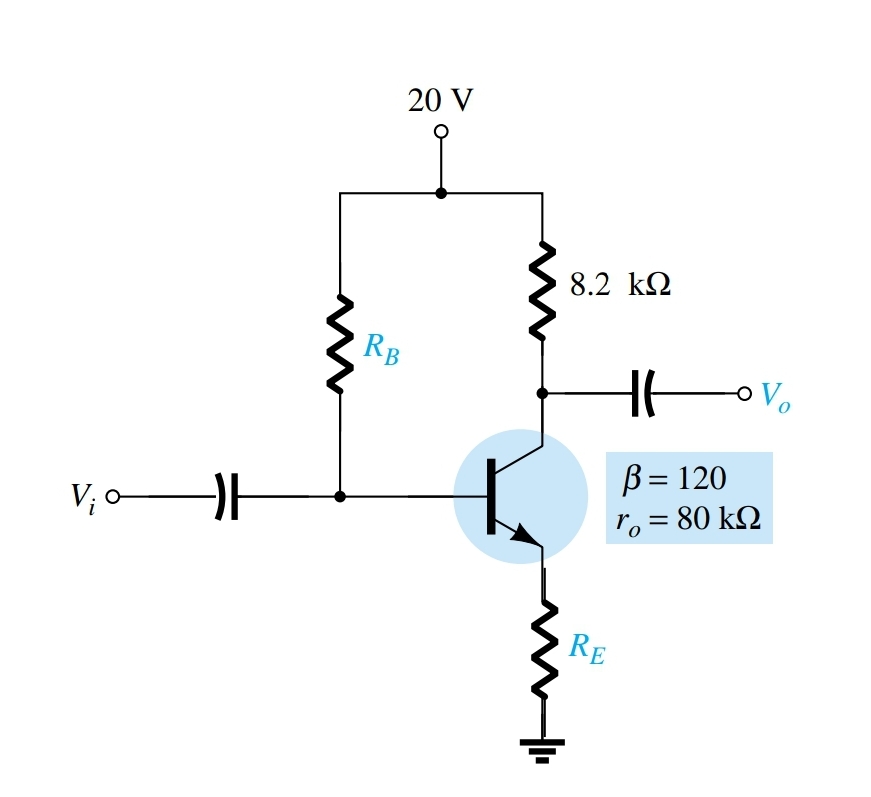 20 V
8.2 k2
RB
HE
B = 120
ro = 80 kQ
||
V; oD
RE
