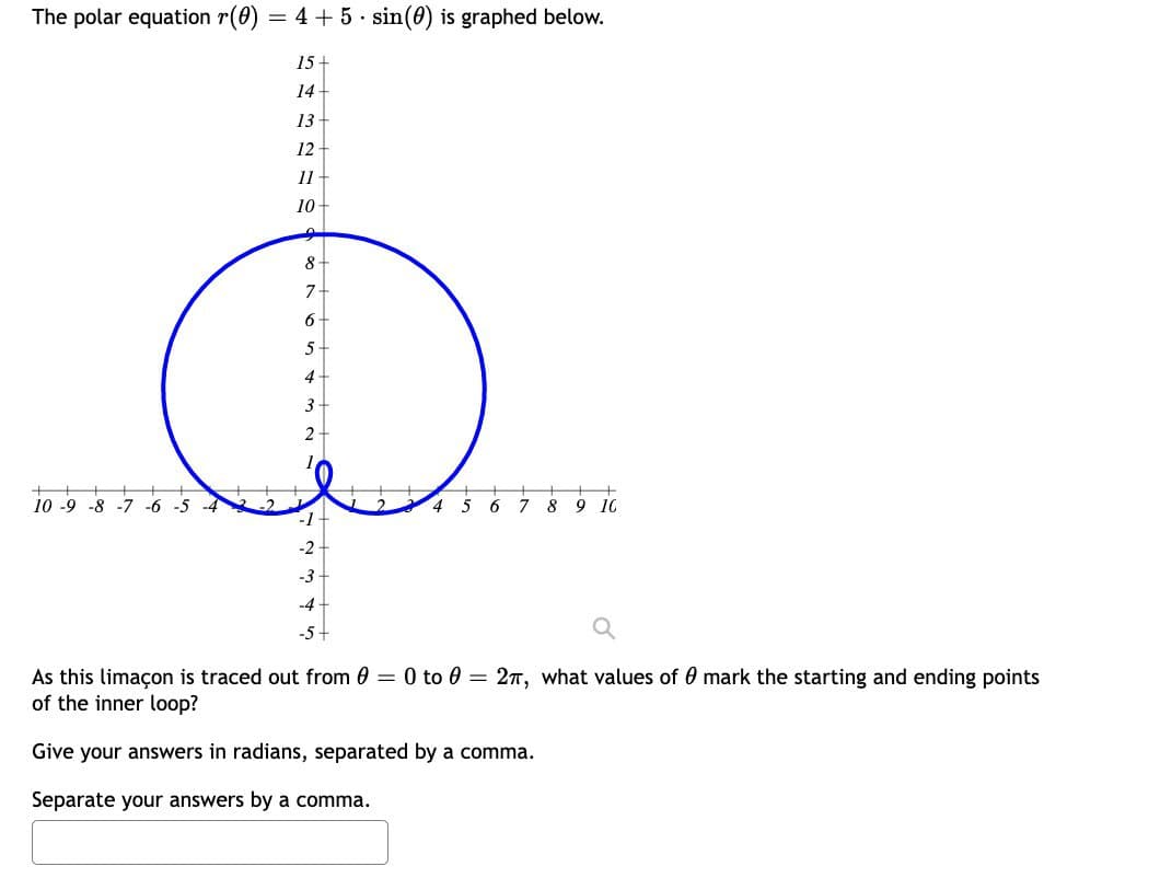 The polar equation r(0) = 4 + 5. sin(0) is graphed below.
15-
14
13-
12
10
-8-7-6
4 5 6
8 9 10
-2
-3
-4
-5+
As this limaçon is traced out from 0 = 0 to 0 = 2π, what values of mark the starting and ending points
of the inner loop?
Give your answers in radians, separated by a comma.
Separate your answers by a comma.
11
10-
9
8
7
6
5
4
3
2