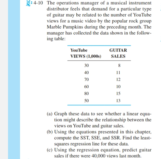 X
4-10 The operations manager of a musical instrument
distributor feels that demand for a particular type
of guitar may be related to the number of YouTube
views for a music video by the popular rock group
Marble Pumpkins during the preceding month. The
manager has collected the data shown in the follow-
ing table:
YouTube
VIEWS (1,000s)
30
40
70
60
80
50
GUITAR
SALES
8
11
12
10
15
13
(a) Graph these data to see whether a linear equa-
tion might describe the relationship between the
views on YouTube and guitar sales.
(b) Using the equations presented in this chapter,
compute the SST, SSE, and SSR. Find the least-
squares regression line for these data.
(c) Using the regression equation, predict guitar
sales if there were 40,000 views last month.