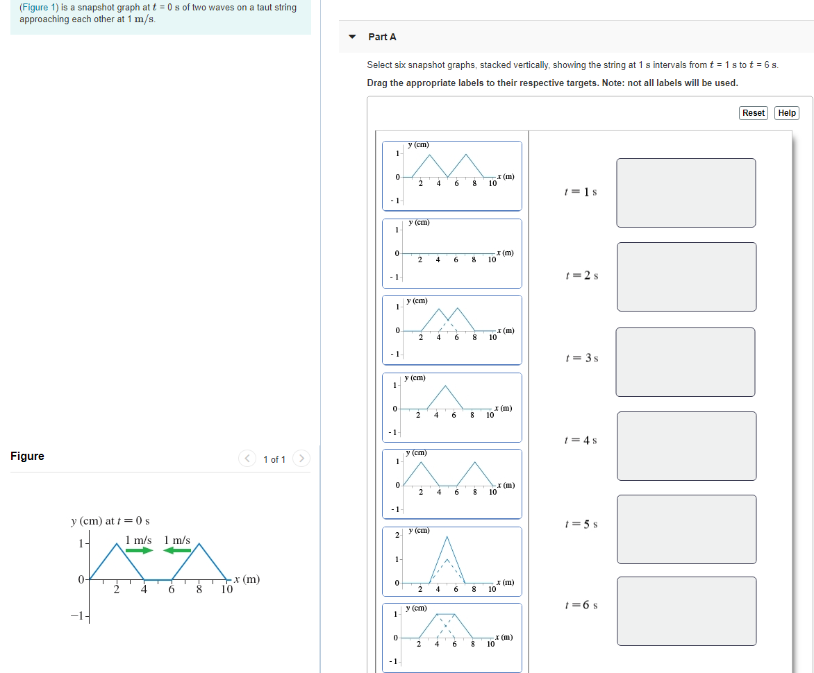 (Figure 1) is a snapshot graph at t = 0 s of two waves on a taut string
approaching each other at 1 m/s
Part A
Select six snapshot graphs, stacked vertically, showing the string at 1 s intervals from t = 1 s to t = 6 s.
Drag the appropriate labels to their respective targets. Note: not all labels will be used.
Reset Help
y (cm)
1-
2 4
x (m)
10
6.
8
t = 1 s
- 1-
у (ст)
1-
x (m)
10
2
4
6
8
- 1-
t=2s
y (cm)
1-
x (m)
8.
10
2
4
- 1-
1= 3s
у (cm)
1
6
х (m)
10
2
4
-1-
t= 4 s
Figure
< 1 of 1
y (cm)
1-
0-
х (m)
10
2
4
6.
8
- 1-
y (cm) at t = 0 s
t = 5 s
У (ст)
2-
1-
1 m/s 1 m/s
1-
х (m)
10
0-
x (m)
10
2
4
6
t =6 s
У (cm)
1
-14
-x (m)
10
4
8
-1-
