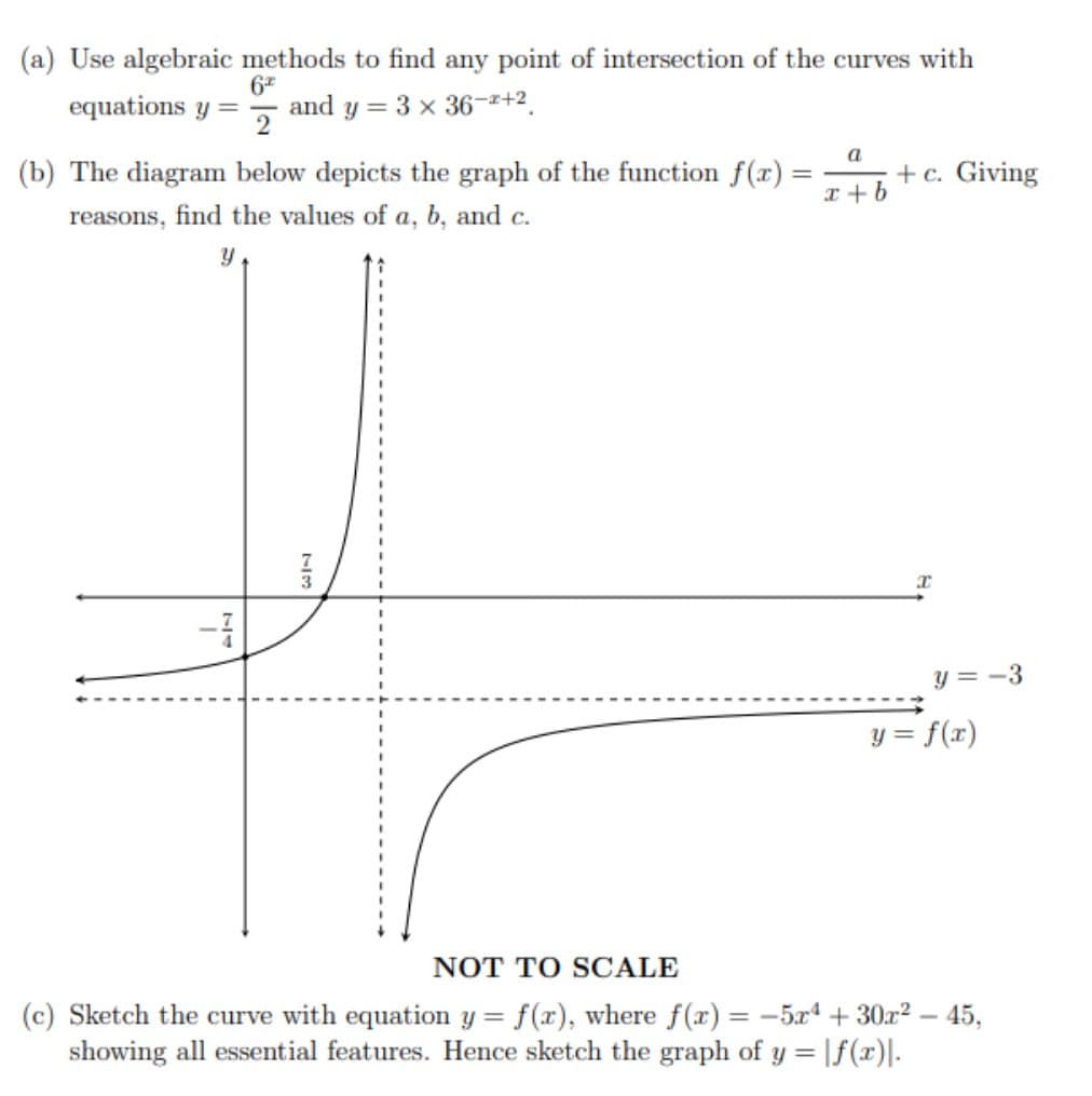 (a) Use algebraic methods to find any point of intersection of the curves with
equations y =
67
and y = 3 x 36-z+2.
a
(b) The diagram below depicts the graph of the function f(x) =
+c. Giving
x + b
reasons, find the values of a, b, and c.
y = -3
y = f(x)
NOT TO SCALE
(c) Sketch the curve with equation y = f(x), where f(x) = -5xª + 30x² – 45,
showing all essential features. Hence sketch the graph of y = |f(r)|.
