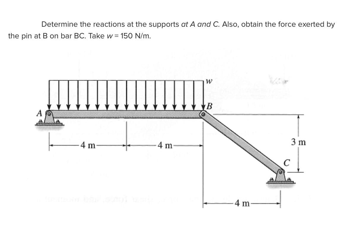 Determine the reactions at the supports at A and C. Also, obtain the force exerted by
the pin at B on bar BC. Take w = 150 N/m.
B
A
3 m
-4 m
-4 m-
C
4 m
