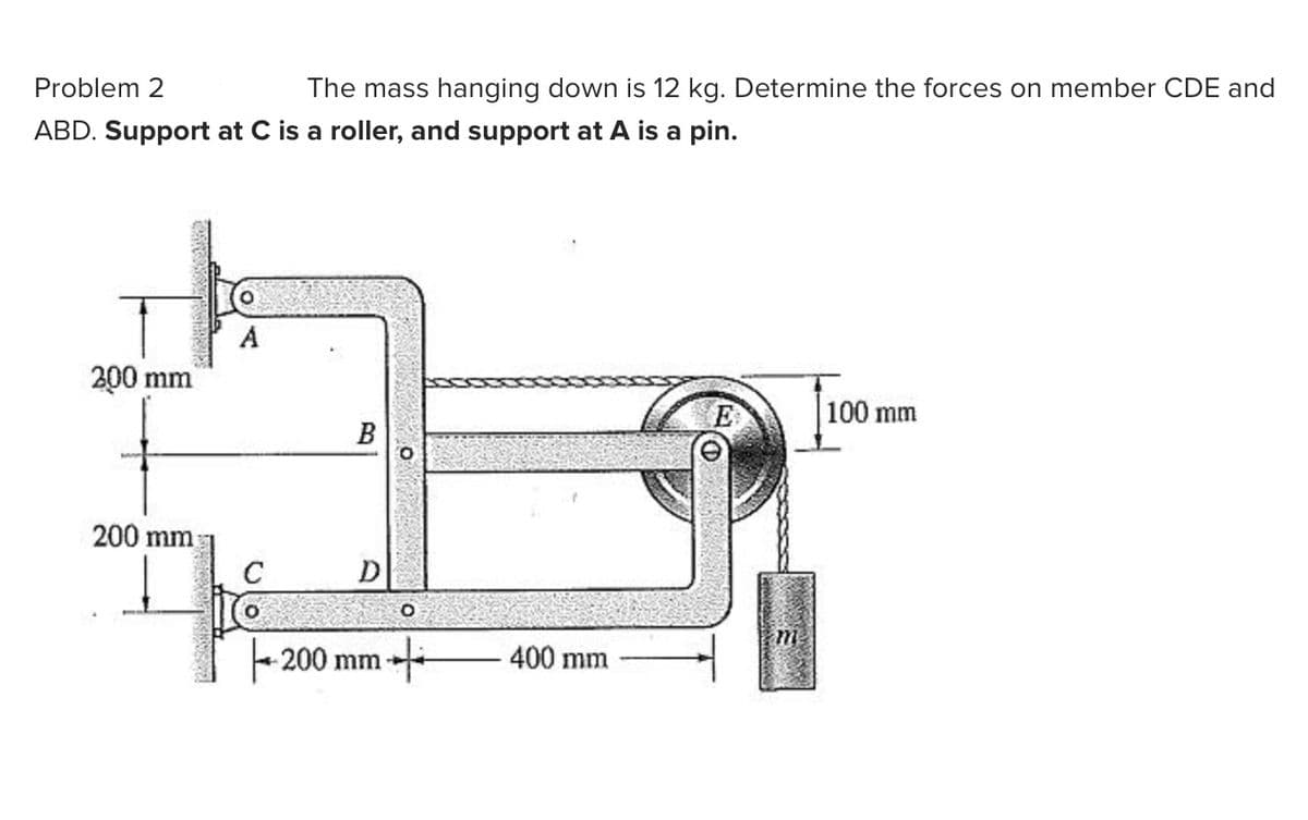 Problem 2
The mass hanging down is 12 kg. Determine the forces on member CDE and
ABD. Support at C is a roller, and support at A is a pin.
A
200 mm
100 mm
B
200 mm
C
D
m
200 mm
400 mm
