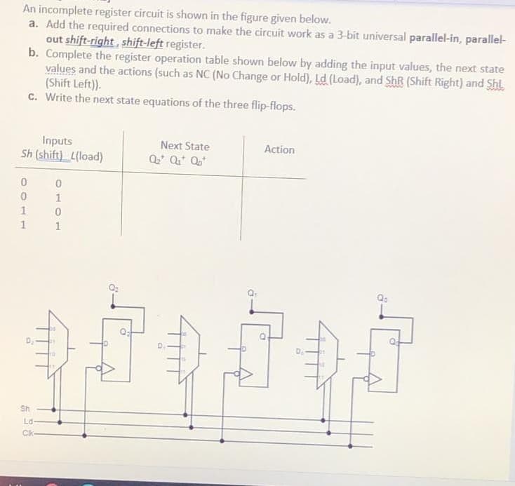 An incomplete register circuit is shown in the figure given below.
a. Add the required connections to make the circuit work as a 3-bit universal parallel-in, parallel-
out shift-right, shift-left register.
Inputs
Sh (shift) L(load)
100
b. Complete the register operation table shown below by adding the input values, the next state
values and the actions (such as NC (No Change or Hold), Ld (Load), and ShR (Shift Right) and Shl
(Shift Left)).
c. Write the next state equations of the three flip-flops.
1
D₂
Sh
1000
Ld-
CK-
Next State
Q₂ Q₁ Q₂*
Action
PERERE
D