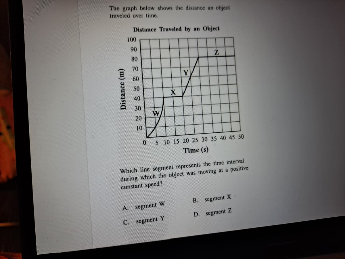 The graph below shows the distance an object
traveled over time.
Distance Traveled by an Object
100
90
80
70
Y
60
50
40
30
W
20
10
0.
5 10 15 20 25 30 35 40 45 50
Time (s)
Which line segment represents the time interval
during which the object was moving at a positive
constant speed?
B.
segment X
A.
segment W
D. segment Z
C.
segment Y
Distance (m)
