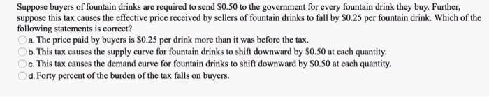Suppose buyers of fountain drinks are required to send $0.50 to the government for every fountain drink they buy. Further,
suppose this tax causes the effective price received by sellers of fountain drinks to fall by $0.25 per fountain drink. Which of the
following statements is correct?
a. The price paid by buyers is $0.25 per drink more than it was before the tax.
b. This tax causes the supply curve for fountain drinks to shift downward by $0.50 at each quantity.
c. This tax causes the demand curve for fountain drinks to shift downward by $0.50 at each quantity.
d. Forty percent of the burden of the tax falls on buyers.