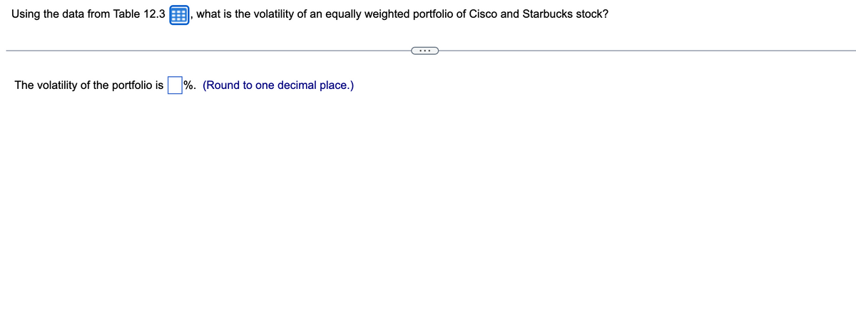 Using the data from Table 12.3
what is the volatility of an equally weighted portfolio of Cisco and Starbucks stock?
The volatility of the portfolio is%. (Round to one decimal place.)