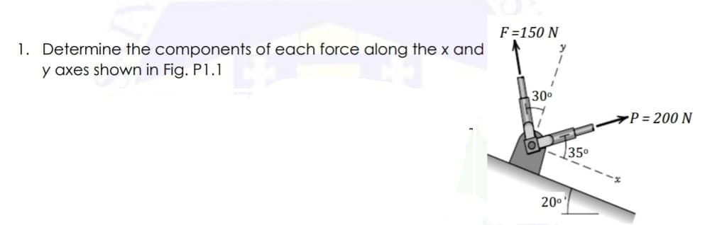 F =150 N
1. Determine the components of each force along the x and
y axes shown in Fig. P1.1
300
P = 200 N
35
200
