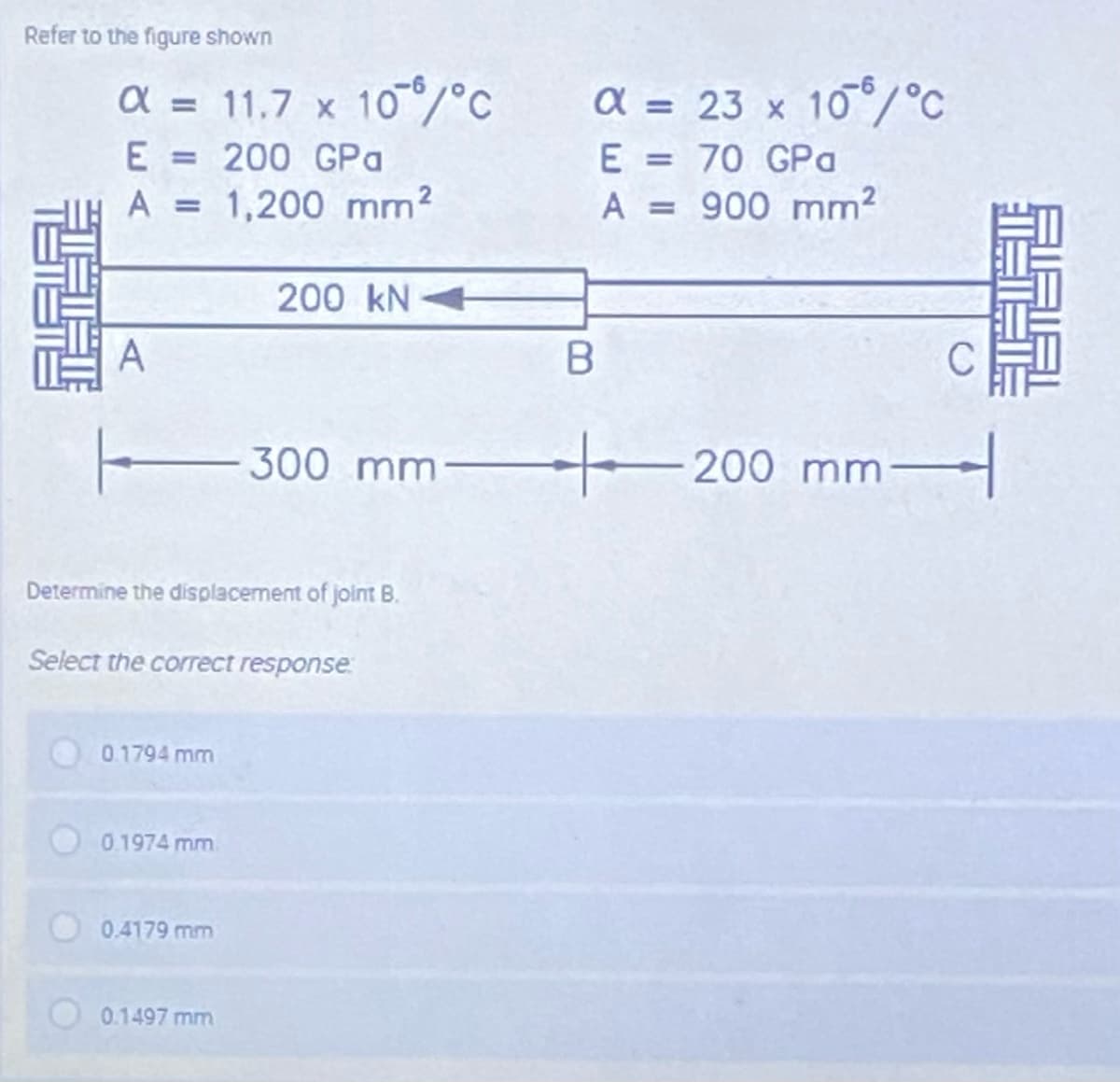 Refer to the figure shown
a = 11,7 x 10°/°c
E = 200 GPa
A = 1,200 mm²
a = 23 x 10/°C
E = 70 GPa
A = 900 mm2
%3D
%3D
%3D
%3D
%3D
%3D
200 kN+
A
300 mm
200 mm-
Determine the displacement of jolnt B.
Select the correct response:
0.1794 mm
0.1974 mm
0.4179 mm
0.1497 mm
