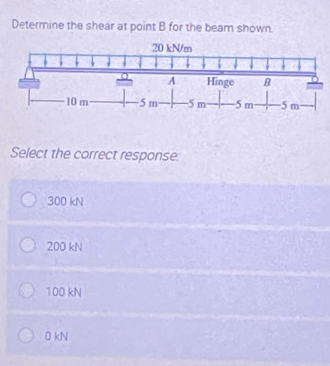 Determine the shear at point B for the beam shown.
20 kN/m
A
Hinge
tsmtsmtsm
10 m-
-5 m-
5 m
Select the correct response
300 kN
200 kN
100 kN
0 kN
