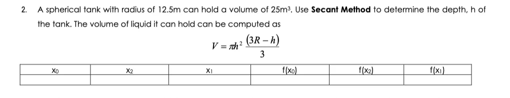 2. A spherical tank with radius of 12.5m can hold a volume of 25m³. Use Secant Method to determine the depth, h of
the tank. The volume of liquid it can hold can be computed as
(3R - h)
3
Xo
X2
V = 7h²
X1
f(xo)
f(x2)
f(x₁)