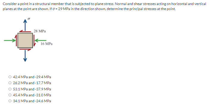 Consider a point in a structural member that is subjected to plane stress. Normal and shear stresses acting on horizontal and vertical
planes at the point are shown. If o- 29 MPa in the direction shown, determine the principal stresses at the point.
28 MPa
16 MPa
O 42.4 MPa and -29.4 MPa
O 26.2 MPa and -17.7 MPa
O 53.1 MPa and -37.9 MPa
O 45.4 MPa and -31.0 MPa
O 34.1 MPa and -24.6 MPa
