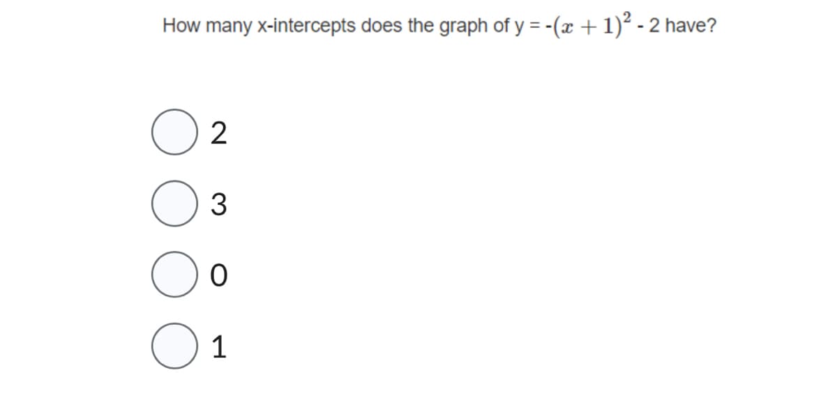 How many x-intercepts does the graph of y = -(x + 1)² -2 have?
2
3
0
01