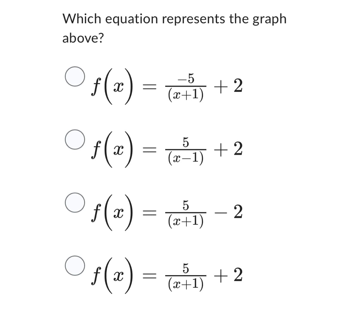 Which equation represents the graph
above?
O
-5
ƒ(x) = = =+³1) + 2
○ f(x) = (2²³₁) + 2
O
5
X-
−1)
O
5
f(x) = (x + 1) - 2
(x+1)
○ ƒ(x) = √2+₁) + 2
O
5
f
(x+1)