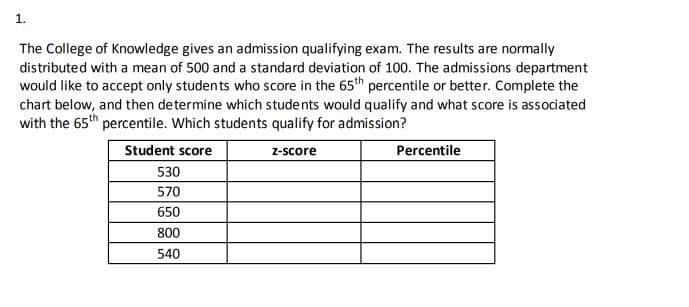 1.
The College of Knowledge gives an admission qualifying exam. The results are normally
distributed with a mean of 500 and a standard deviation of 100. The admissions department
would like to accept only students who score in the 65th percentile or better. Complete the
chart below, and then determine which students would qualify and what score is associated
with the 65th percentile. Which students qualify for admission?
Student score
Z-Score
Percentile
530
570
650
800
540
