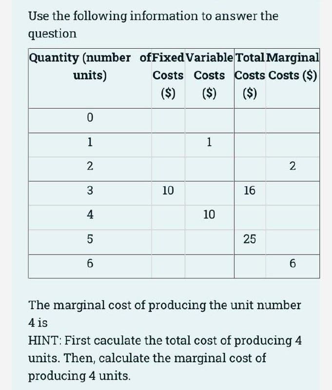 Use the following information to answer the
question
Quantity (number ofFixed Variable Total Marginal
Costs Costs Costs Costs ($)
units)
($)
($)
($)
1
1
2
2
10
16
4
10
6.
6.
The marginal cost of producing the unit number
4 is
HINT: First caculate the total cost of producing 4
units. Then, calculate the marginal cost of
producing 4 units.
25
