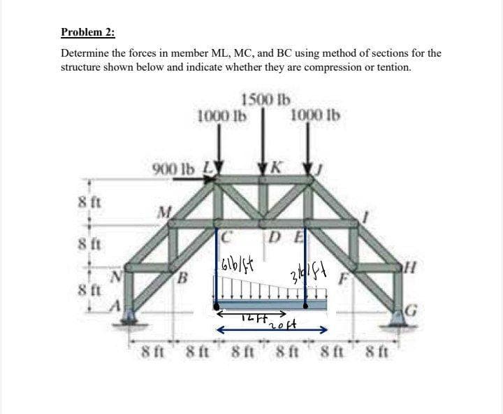 Problem 2:
Determine the forces in member ML, MC, and BC using method of sections for the
structure shown below and indicate whether they are compression or tention.
1500 lb
1000 lb
1000 lb
900 lb L
8 ft
M
DE
8 ft
N
8 ft
B.
8 ft 8 ft
8 ft 8 ft 8ft 8 ft
