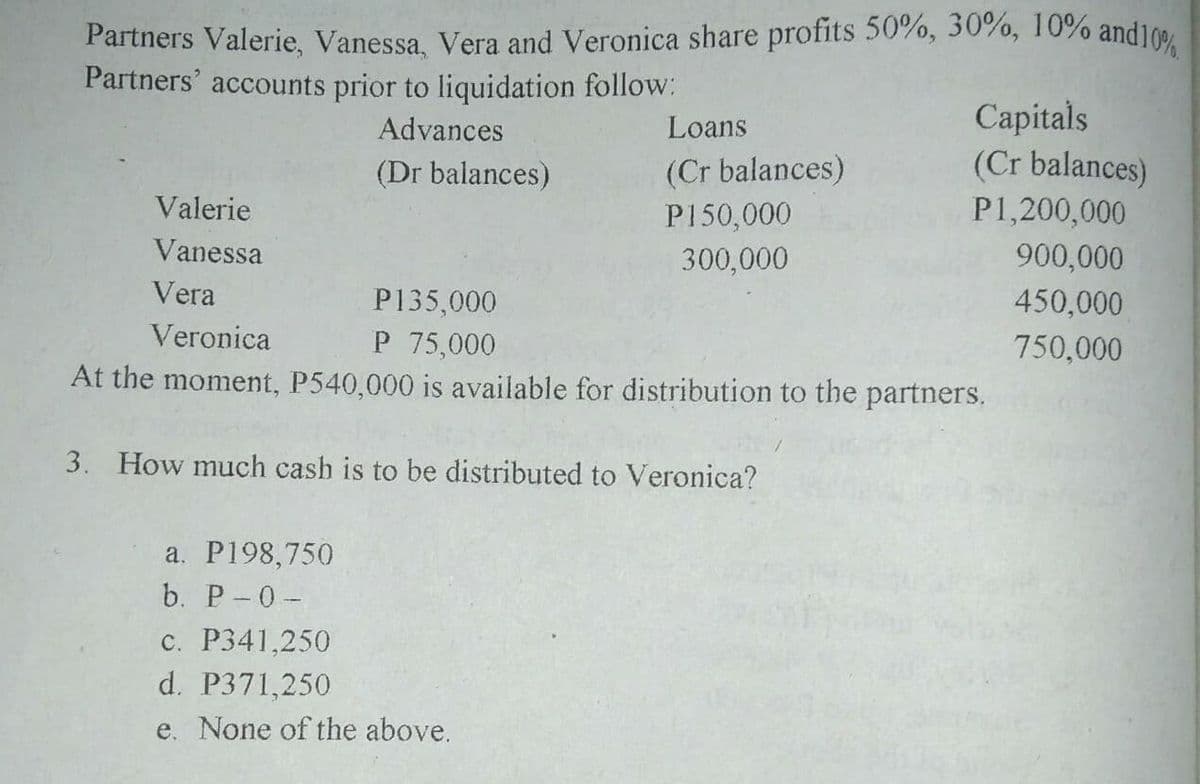 Partners Valerie, Vanessa, Vera and Veronica share profits 50%, 30%, 10% and10%
Partners' accounts prior to liquidation follow:
Capitals
(Cr balances)
P1,200,000
Advances
Loans
(Dr balances)
(Cr balances)
Valerie
P150,000
Vanessa
300,000
900,000
Vera
P135,000
P 75,000
At the moment, P540,000 is available for distribution to the partners.
450,000
Veronica
750,000
3. How much cash is to be distributed to Veronica?
a. P198,750
b. P-0-
c. P341,250
d. P371,250
e. None of the above.
