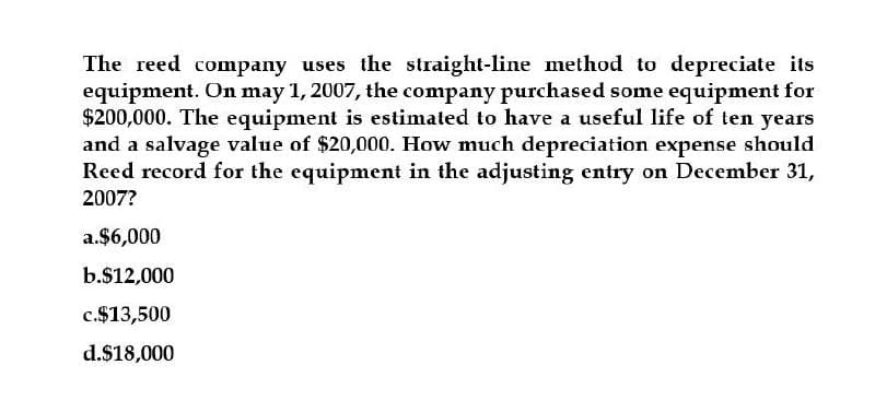 The reed company uses the straight-line method to depreciate its
equipment. On may 1, 2007, the company purchased some equipment for
$200,000. The equipment is estimated to have a useful life of ten years
and a salvage value of $20,000. How much depreciation expense should
Reed record for the equipment in the adjusting entry on December 31,
2007?
a.$6,000
b.$12,000
c.$13,500
d.$18,000