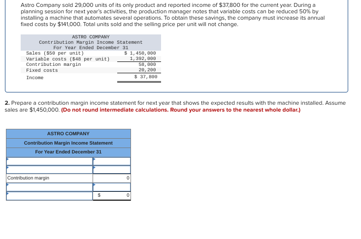 Astro Company sold 29,000 units of its only product and reported income of $37,800 for the current year. During a
planning session for next year's activities, the production manager notes that variable costs can be reduced 50% by
installing a machine that automates several operations. To obtain these savings, the company must increase its annual
fixed costs by $141,000. Total units sold and the selling price per unit will not change.
ASTRO COMPANY
Contribution Margin Income Statement
For Year Ended December 31
Sales ($50 per unit)
Variable costs ($48 per unit)
Contribution margin
Fixed costs
Income
2. Prepare a contribution margin income statement for next year that shows the expected results with the machine installed. Assume
sales are $1,450,000. (Do not round intermediate calculations. Round your answers to the nearest whole dollar.)
ASTRO COMPANY
Contribution Margin Income Statement
For Year Ended December 31
Contribution margin
$ 1,450,000
1,392,000
58,000
20, 200
$ 37,800
$
0
0