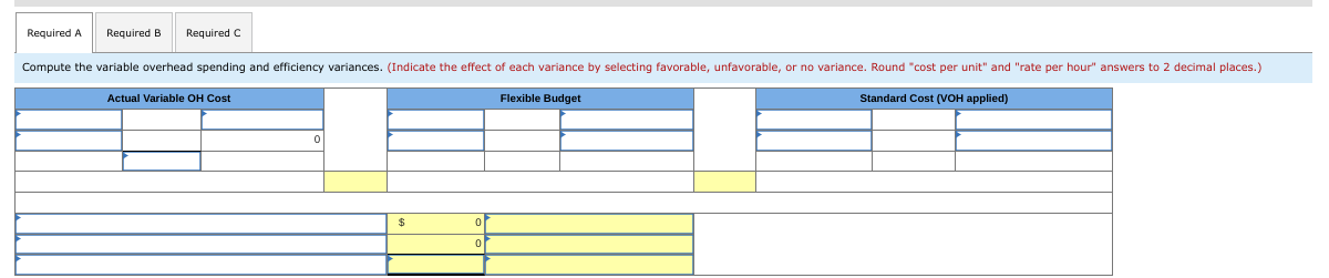 Required A
Required B Required C
Compute the variable overhead spending and efficiency variances. (Indicate the effect of each variance by selecting favorable, unfavorable, or no variance. Round "cost per unit" and "rate per hour" answers to 2 decimal places.)
Flexible Budget
Standard Cost (VOH applied)
Actual Variable OH Cost