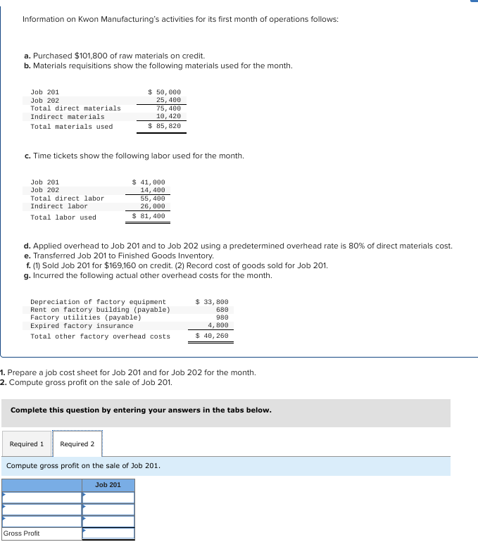 Information on Kwon Manufacturing's activities for its first month of operations follows:
a. Purchased $101,800 of raw materials on credit.
b. Materials requisitions show the following materials used for the month.
Job 201
Job 202
Total direct materials
Indirect materials
Total materials used
c. Time tickets show the following labor used for the month.
Job 201
Job 202
Total direct labor
Indirect labor
Total labor used
$ 50,000
25, 400
75,400
10, 420
$ 85, 820
$41,000
14,400
55,400
26,000
$ 81,400
d. Applied overhead to Job 201 and to Job 202 using a predetermined overhead rate is 80% of direct materials cost.
e. Transferred Job 201 to Finished Goods Inventory.
f. (1) Sold Job 201 for $169,160 on credit. (2) Record cost of goods sold for Job 201.
g. Incurred the following actual other overhead costs for the month.
Depreciation of factory equipment
Rent on factory building (payable)
Factory utilities (payable)
Expired factory insurance
Total other factory overhead costs
1. Prepare a job cost sheet for Job 201 and for Job 202 for the month.
2. Compute gross profit on the sale of Job 201.
Gross Profit
$ 33,800
680
980
4, 800
$ 40, 260
Complete this question by entering your answers in the tabs below.
Required 1 Required 2
Compute gross profit on the sale of Job 201.
Job 201